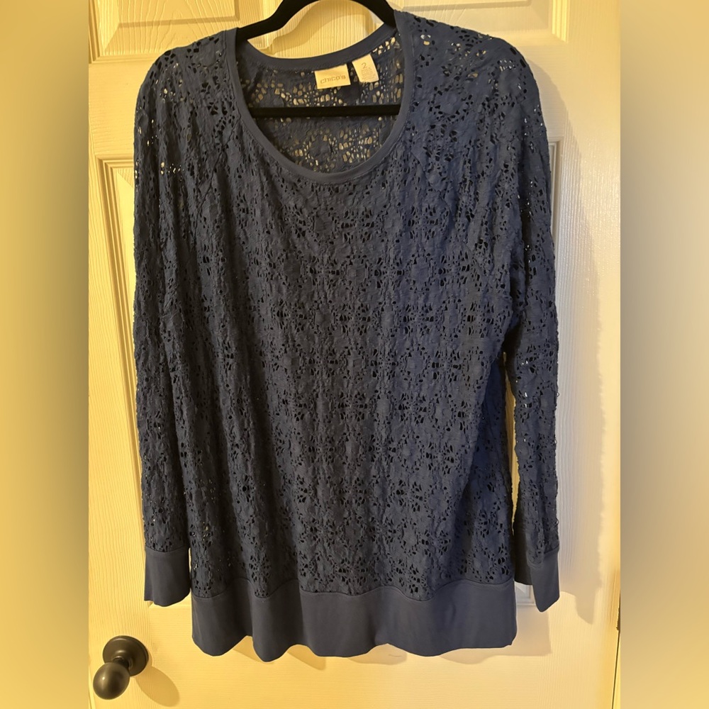 Chico's Navy Lace Long Sleeve See Through Blouse Size 2